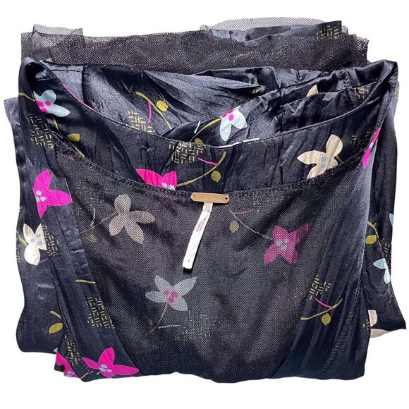 Free People Silk Floral Fit & Flare Dress Size 4 Black Short Sleeve V-Neck Boho - Picture 15 of 15